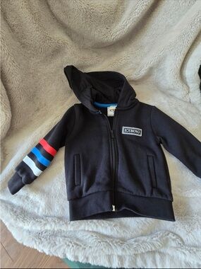 Iceberg Kids Black Hoodie with Red, Blue and White Sleeve Stripes